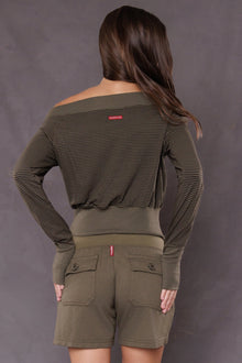 Women | Mini Tonal Stripe Raglan Sleeve Crop Pullover | Olive