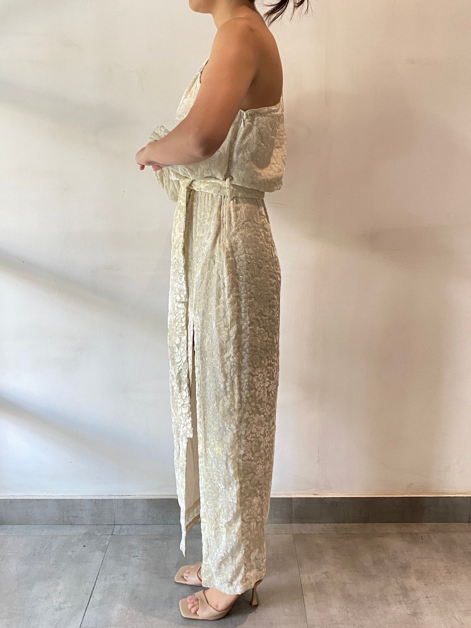 One Shoulder Long Sleeve Long Dress | White