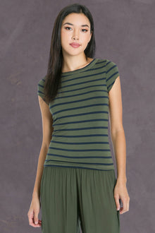 Women | Nautical Stripe Cap Sleeve Fitted Tee | Olive