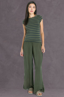 Women | Nautical Stripe Cap Sleeve Fitted Tee | Olive