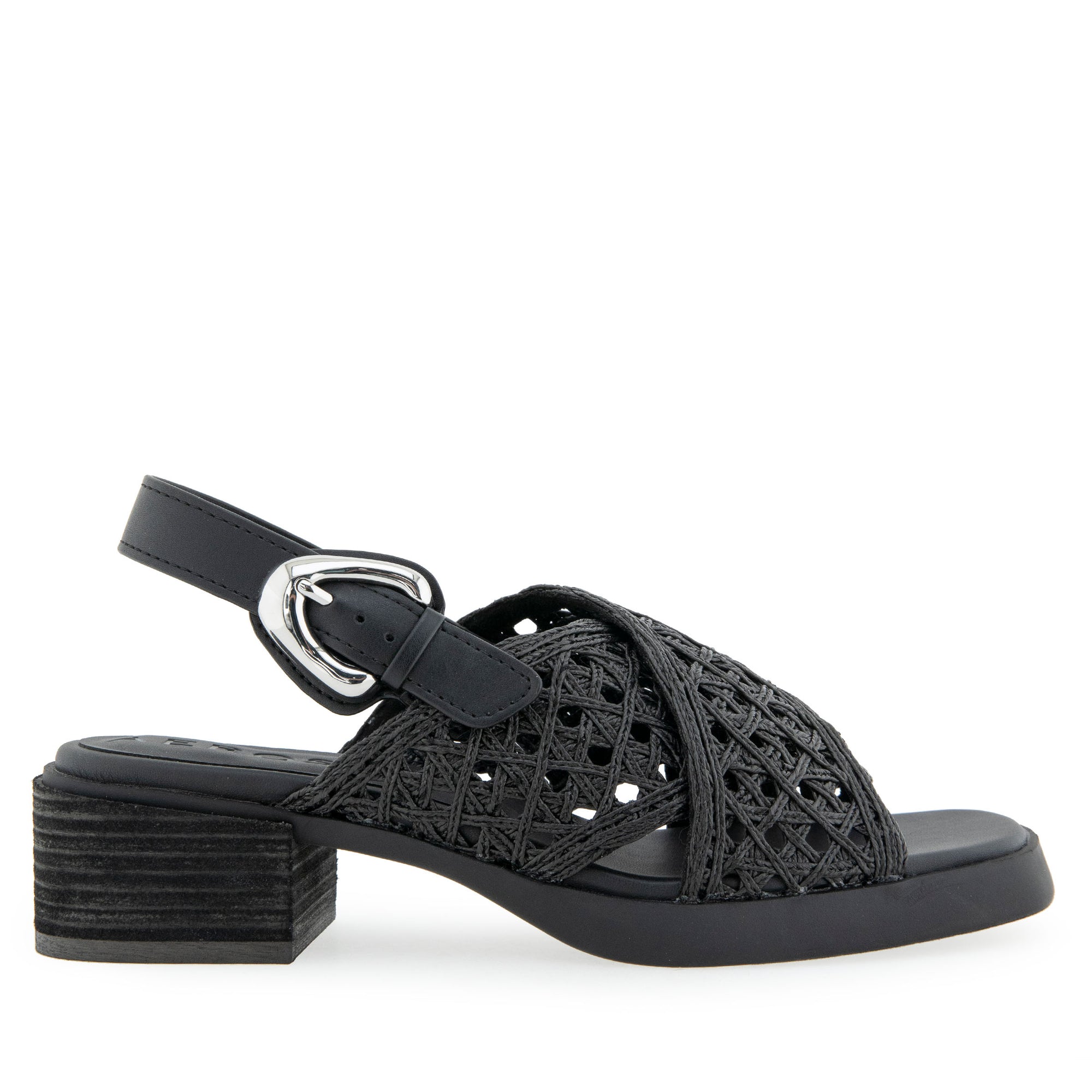 Demi Sandal Block Heel | Black Crochet Raffia/Faux Nappa
