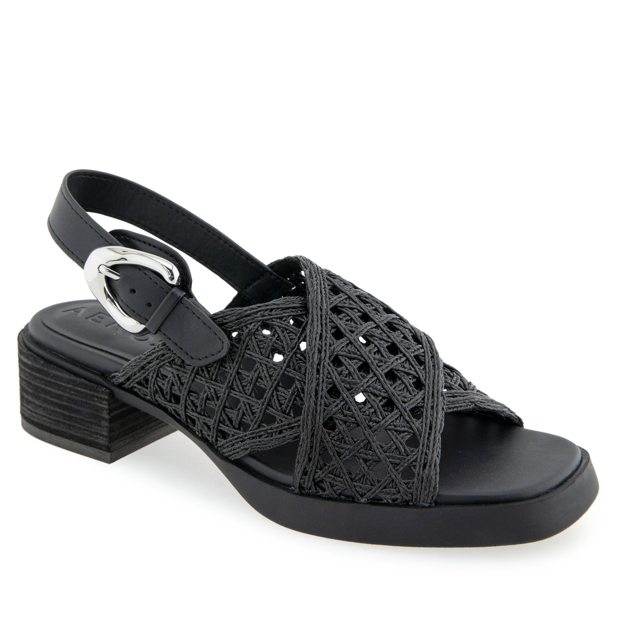 Demi Sandal Block Heel | Black Crochet Raffia/Faux Nappa