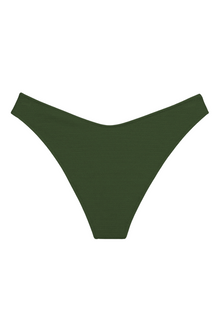 Olive green bikini bottom with high-leg cut and textured fabric.