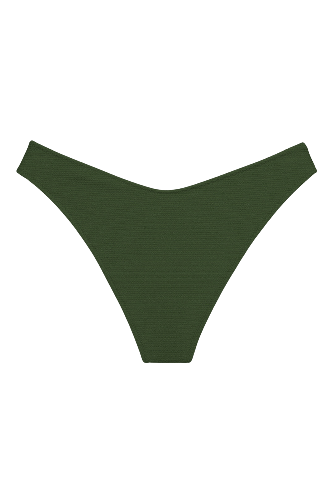 Olive green bikini bottom with high-leg cut and textured fabric.
