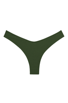 Olive green bikini bottom with textured fabric and curved neckline against white background.