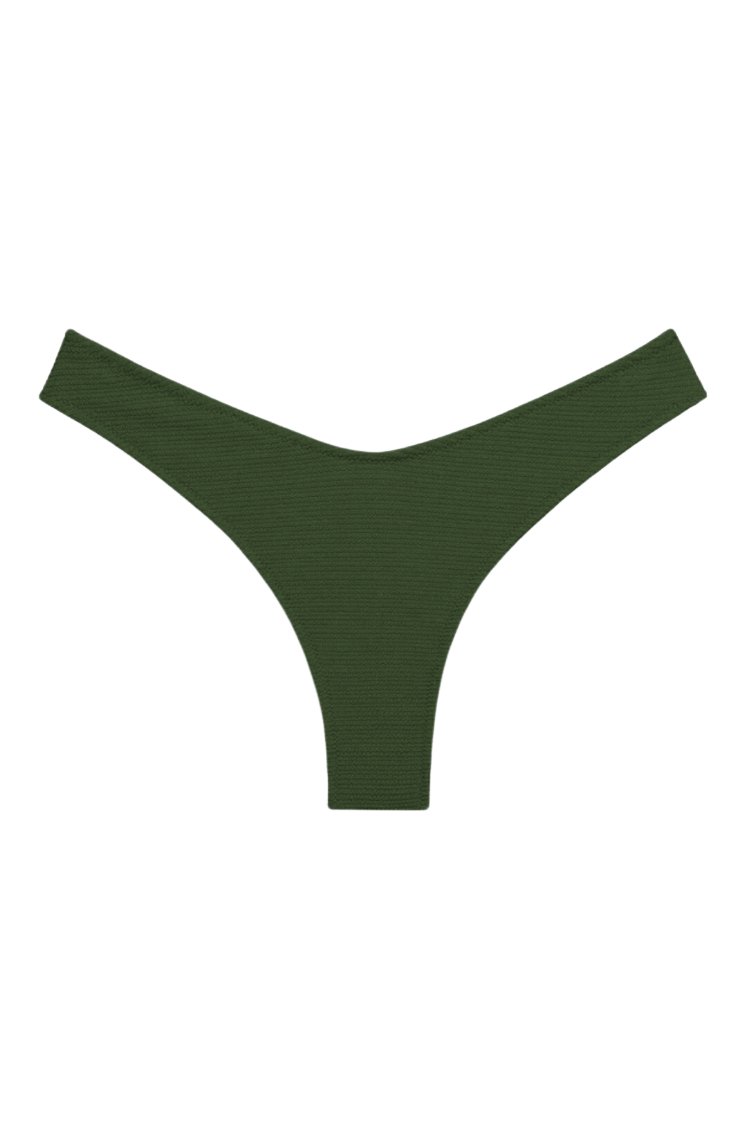 Olive green bikini bottom with textured fabric and curved neckline against white background.