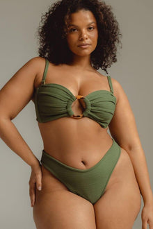 Olive green textured bikini bottom with scrunched sides and zig-zag stitching detail.