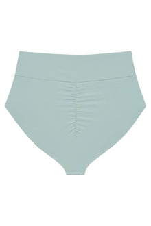 Powder blue high-rise bikini bottom with full coverage and center ruching detail.