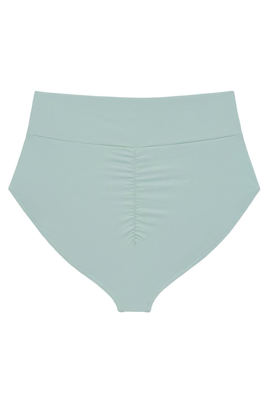 Powder blue high-rise bikini bottom with full coverage and center ruching detail.