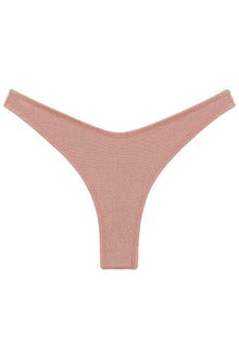 Pink sparkle thong bikini bottom with bound edges and narrow side straps.