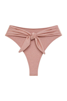 Pink sparkle thong bikini bottom with ruched waistband and front tie detail.