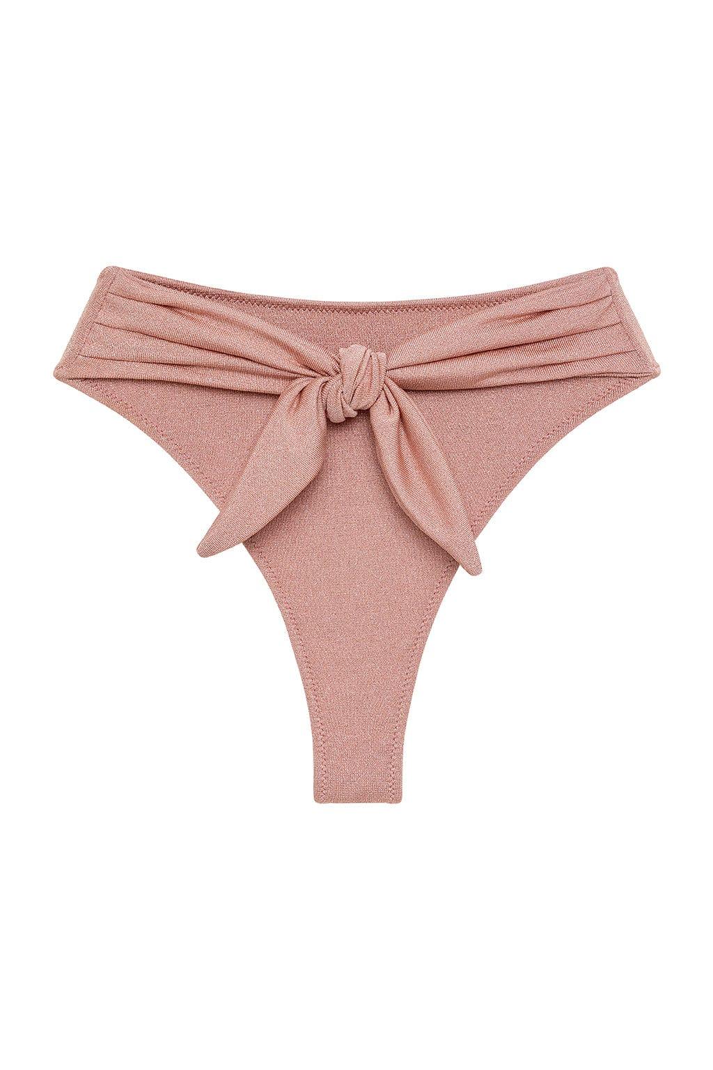 Pink sparkle thong bikini bottom with ruched waistband and front tie detail.
