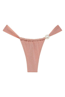Pink sparkle bikini bottom with pearl detail and tie-side straps.