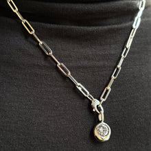 14k White Gold Chunky Paperclip chain necklace with a white gold round Molten Solitaire Charm with cultured diamond