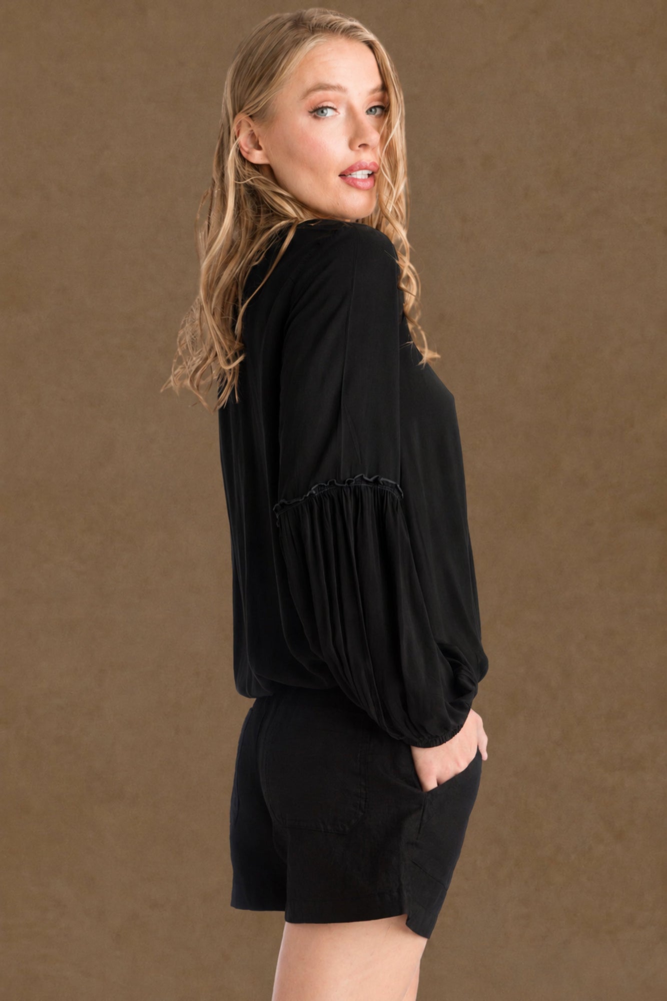 Women | Ruffle Sleeve Boho Top | Black