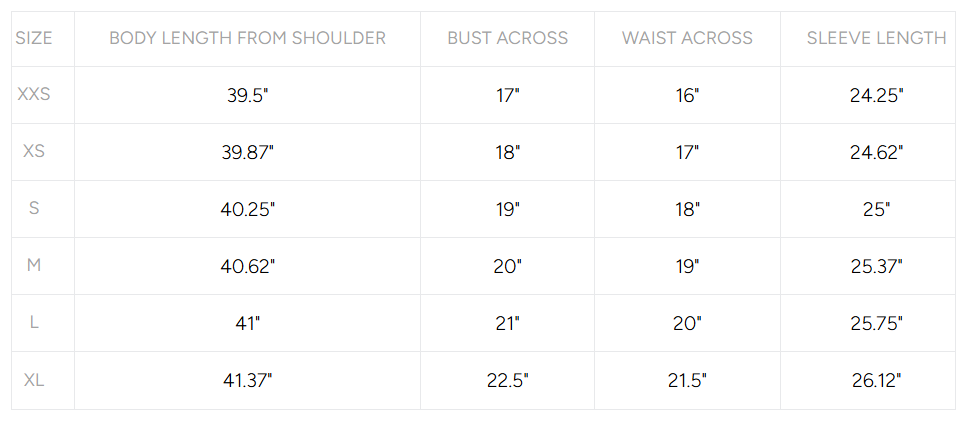Product size guide