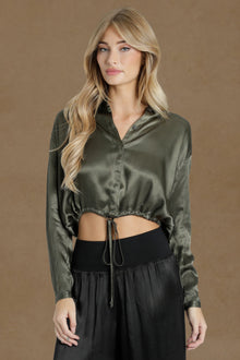 Women | Satin Drawstring Blouse | Olive