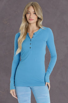Women | Long Fitted Henley Hoodie Tee | Bluebird