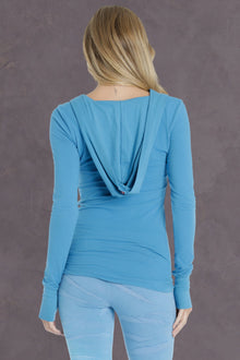 Women | Long Fitted Henley Hoodie Tee | Bluebird