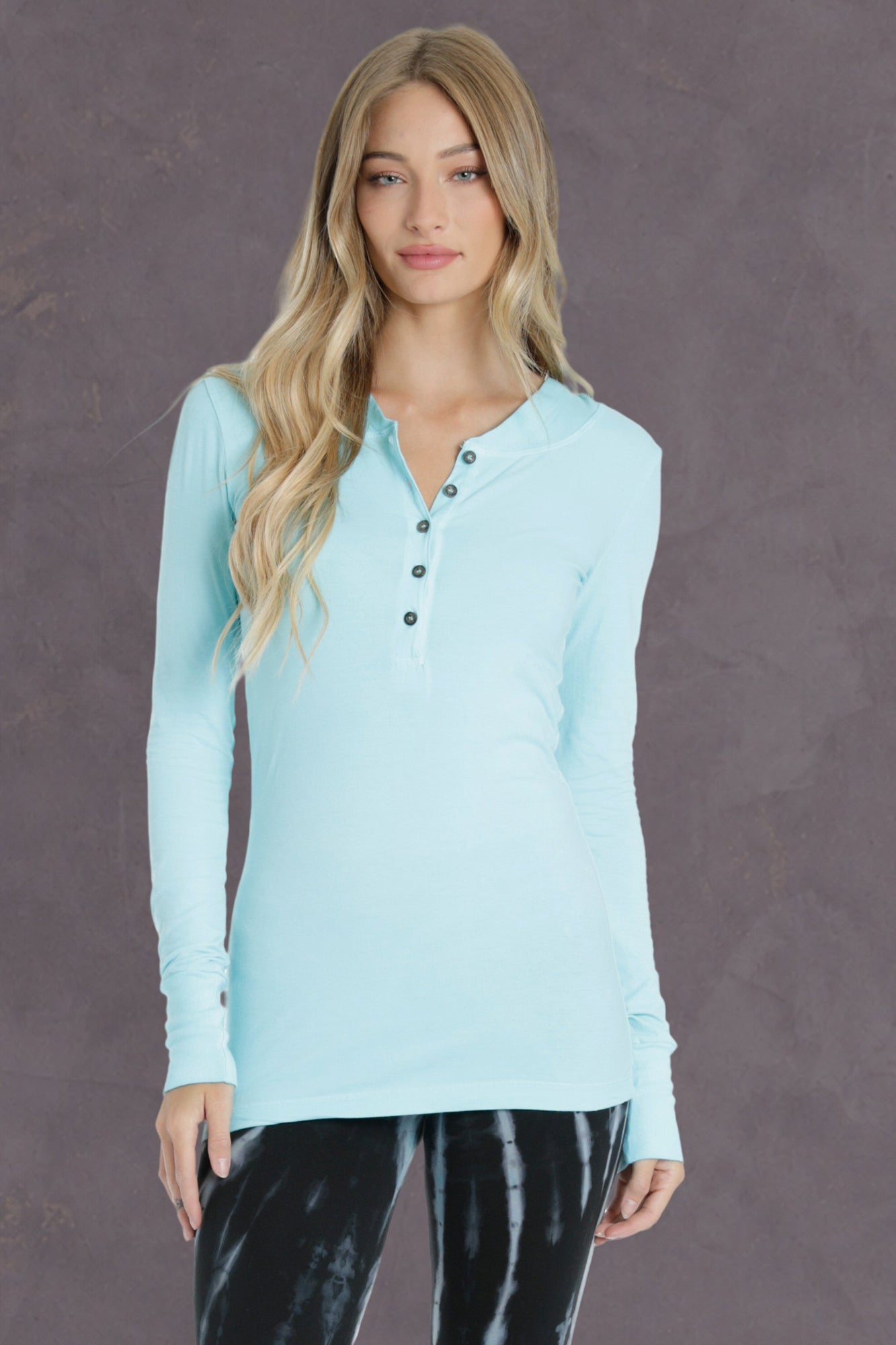 Women | Long Fitted Henley Hoodie Tee | Tiffany