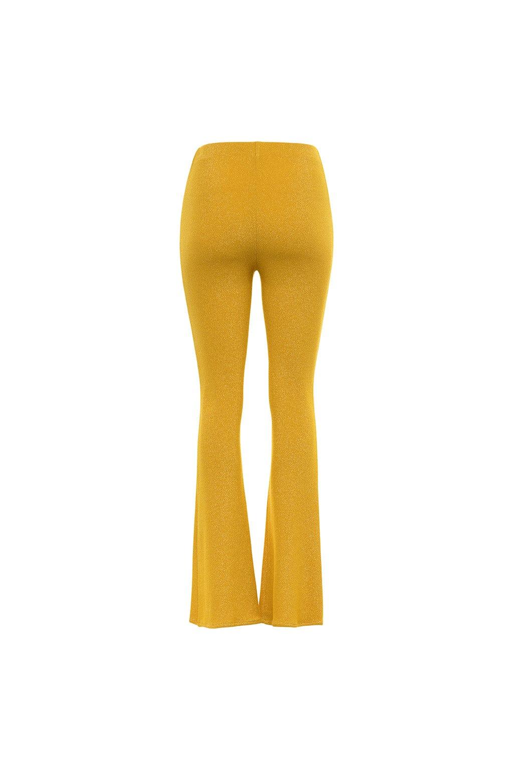 Gold flare pants with sparkly knit texture and wide legs shown from back view.