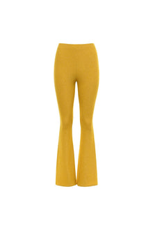 Gold flared pants with high waistband and bell-bottom legs.