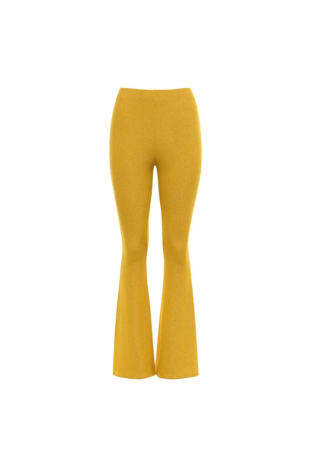 Gold flared pants with high waistband and bell-bottom legs.