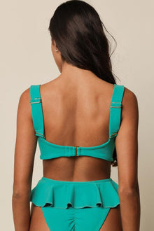 Teal bikini top with adjustable straps, buckle closures, and open back design shown from rear view.