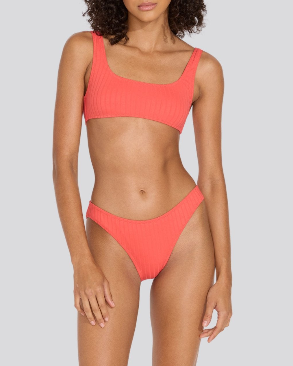 Womens | Elle Ribbed Bikini Bottom | Hot Coral