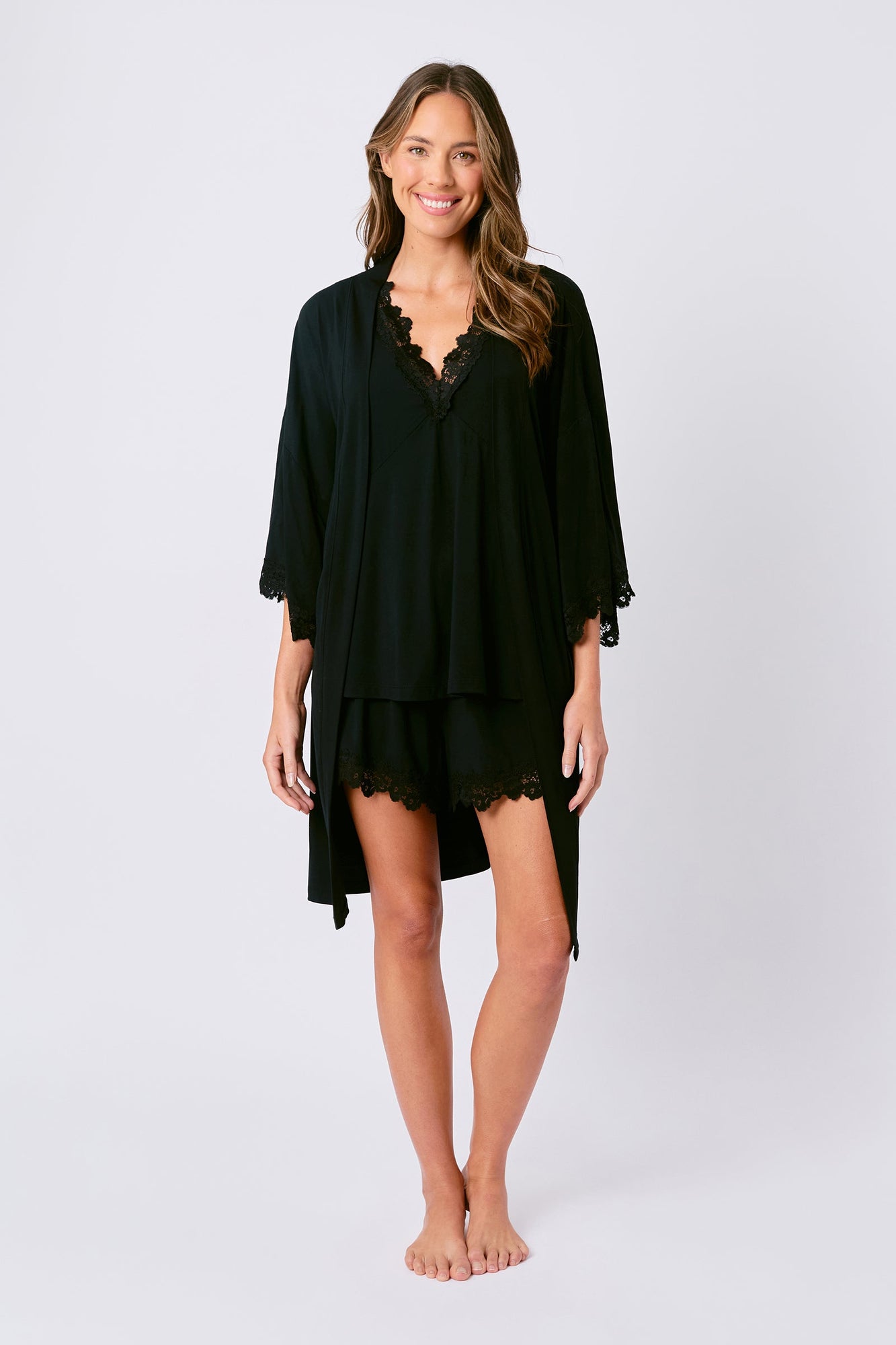 UNE PIECE-Lace Trim Cami + Shorts Sleep Pyjama Set BLACK