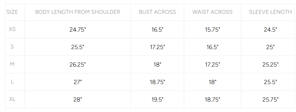 Product size guide
