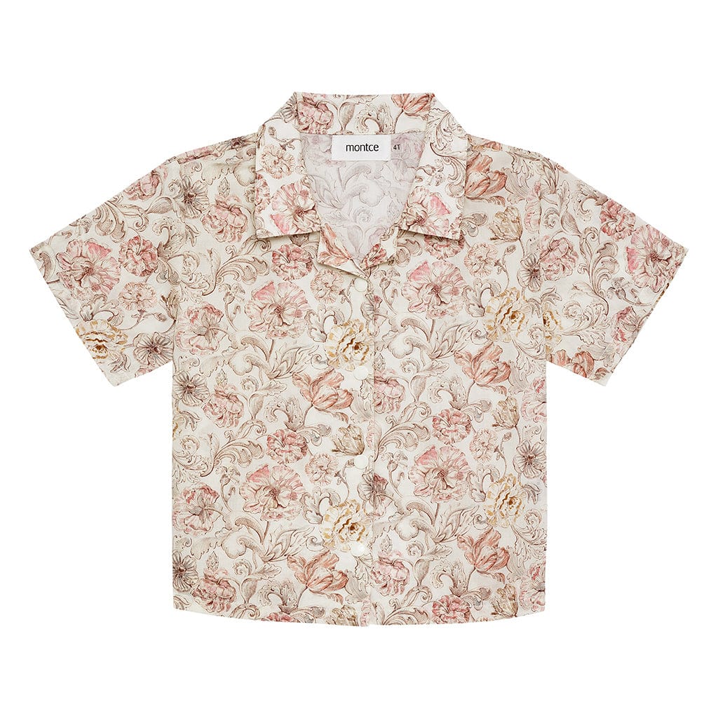 Short-sleeved button-down shirt with cream base and pink, brown, and tan floral print throughout.