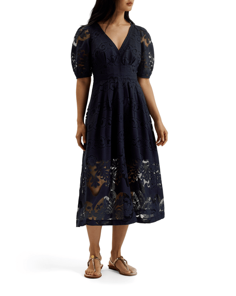 Women | Agnel Lace Puff Slv Midi Dress | Navy