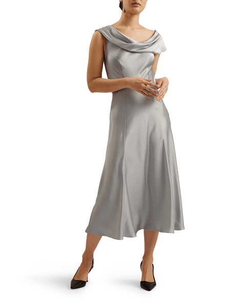 Women | Draped Neck Bias Cut Midi | Light Pastel Grey