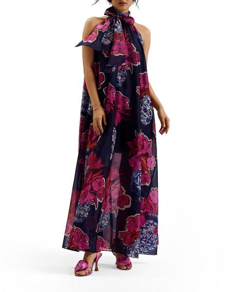 Women | Printed Organza Maxi Dres | Blue Pink
