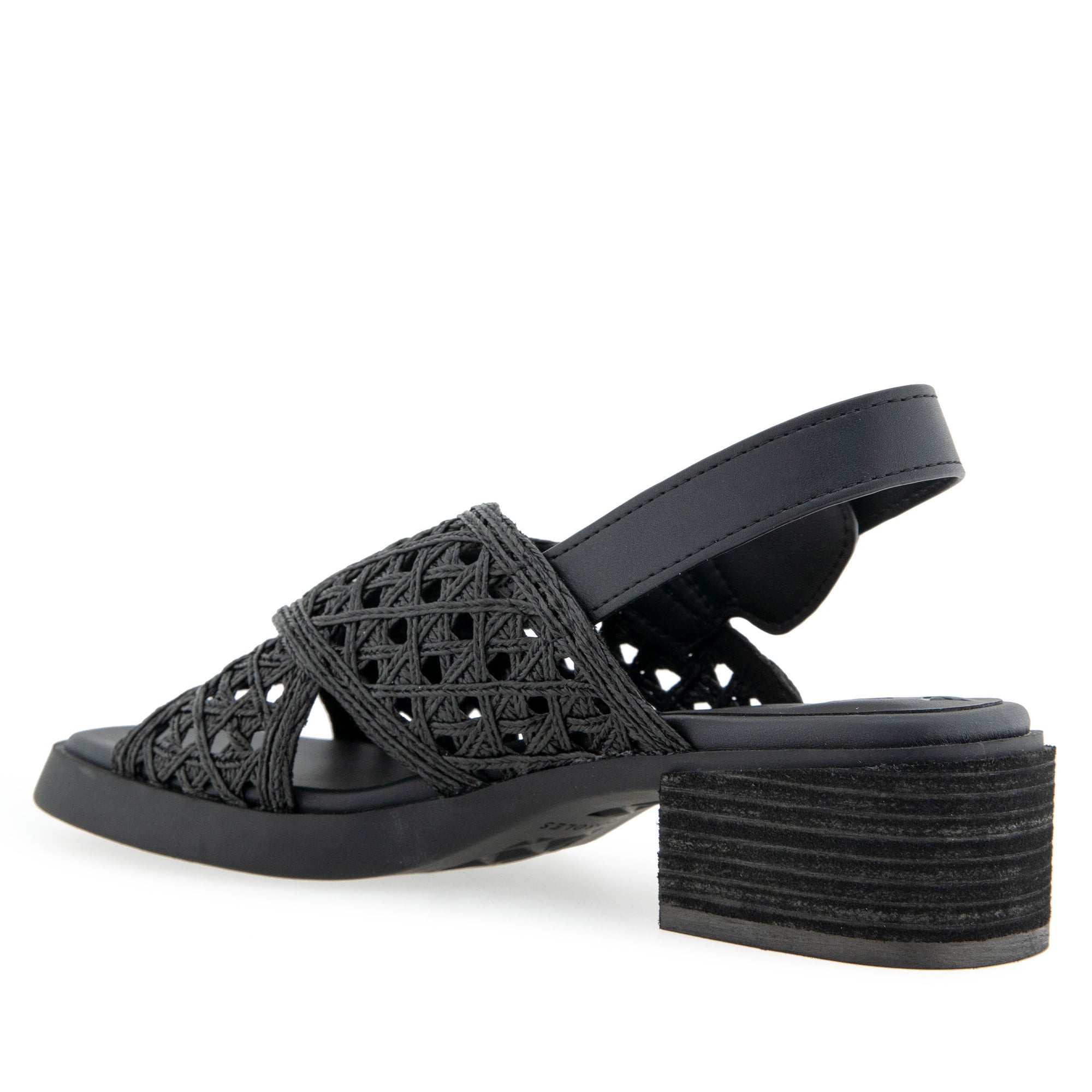 Demi Sandal Block Heel | Black Crochet Raffia/Faux Nappa